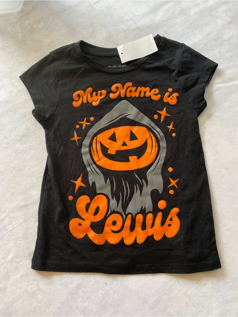 New Kids Halloween Pumpkin "My Name Is Lewis" T-Shirt X-Small 4-5 Girls